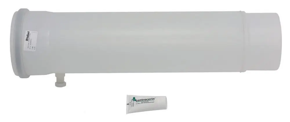 Vaillant Verbindungselement aus weißem Kunststoff, zylindrisch, mit seitlichem Anschluss und einem kleinen Tubeninhalt im Vordergrund.